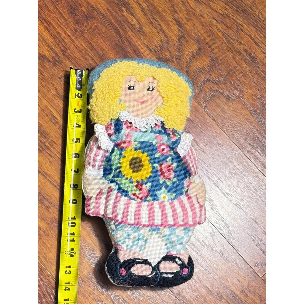 Vintage Handmade Needlepoint Doll Pillow Sunflower Girl Lace Ticking Stripe 13